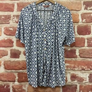 Amana Shirt Women's 2X Blue White Abstract Jacquard Stretchy Short Sleeves